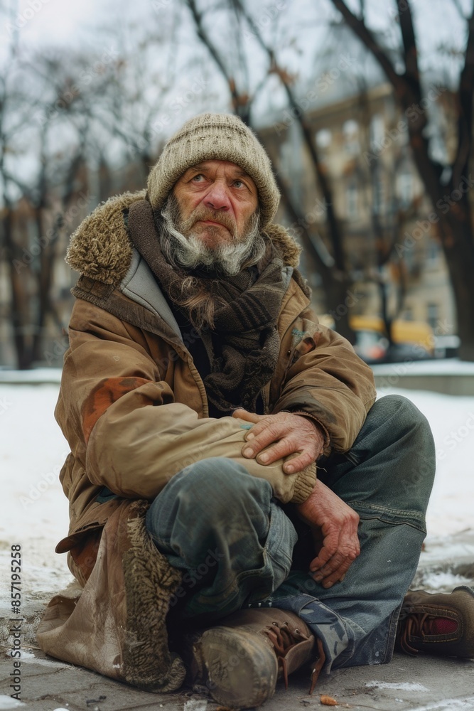 A person sits on the ground in the snowy environment A person sits on the ground in the snowy environment