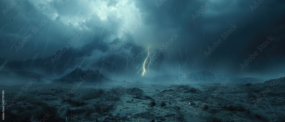 Naklejka premium A dramatic thunderstorm with lightning striking in the distance, photographed in