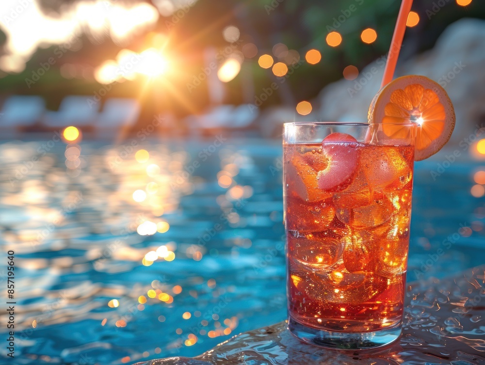 A glass of iced beverage with an orange slice sits by the pool A glass of iced beverage with an orange slice sits by the pool