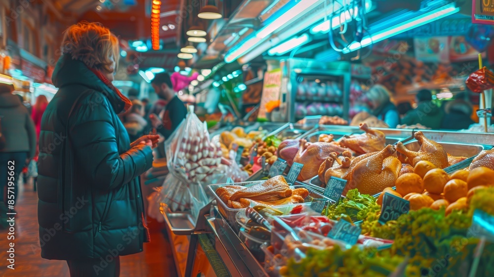 Fototapeta premium Vibrant Market Stall Selling Fresh Organic Chicken with Shoppers Browsing