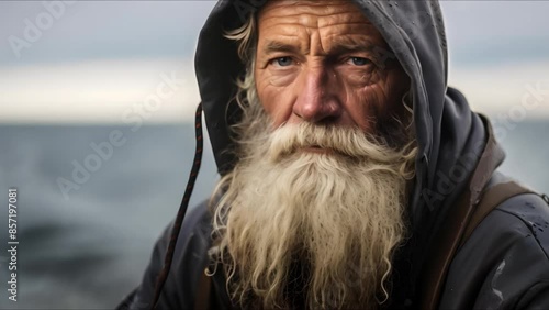 Portrait of a Senior Fisherman with a Long Beard and Hoodie. Concept Senior, Fisherman, Long Beard, Hoodie, Portrait photo