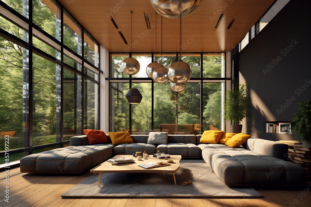 Fototapeta premium Modern minimalism style drawing-room interior with big windows and lot of light