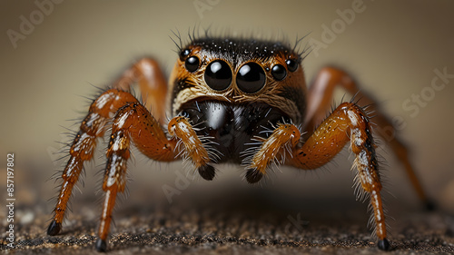 A jumping spider in high-resolution macro shot capturing the intricate details, showcasing its multiple eyes, hairy legs, and textured body, set against a soft, neutral background