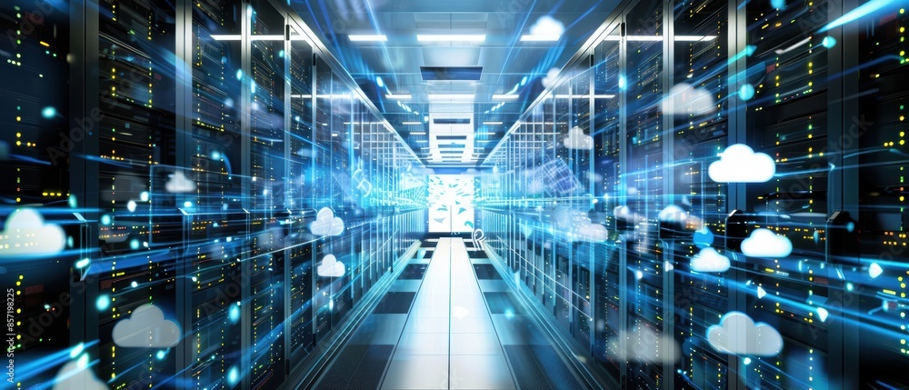 A futuristic server room representing cloud technology A futuristic server room representing cloud technology