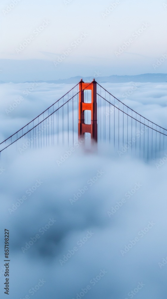 Fototapeta premium The iconic Golden Gate Bridge rises above a thick blanket of fog, showcasing its majestic towers against a serene sky.