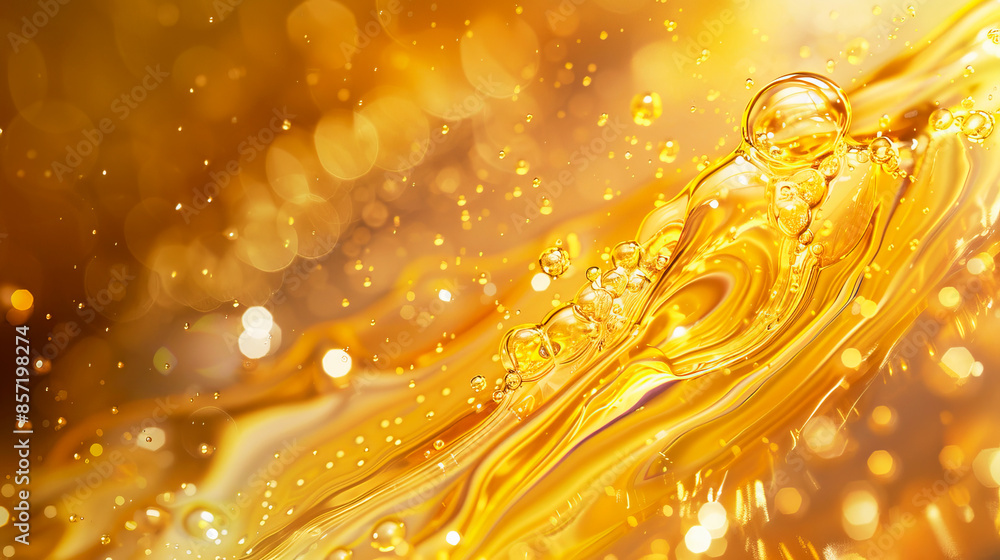 Banner of liquid, drops and bubbles in gold and yellow color to decorate poster and booklet cover. Abstract background. Banner of liquid, drops and bubbles in gold and yellow color to decorate poster and booklet cover. Abstract background.