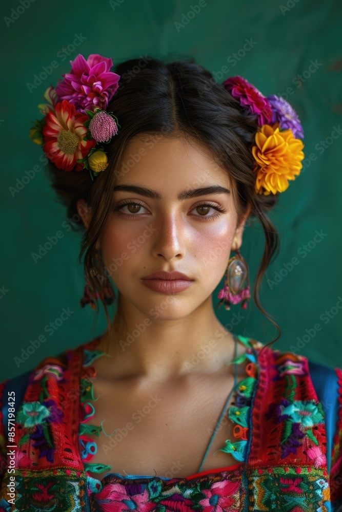 A young woman wearing a colorful arrangement of flowers in her hair, possibly for a celebration or festival A young woman wearing a colorful arrangement of flowers in her hair, possibly for a celebration or festival