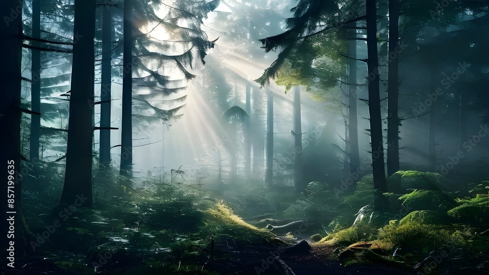 Obraz premium fog covered forest in summer with mystic golden sunlight
