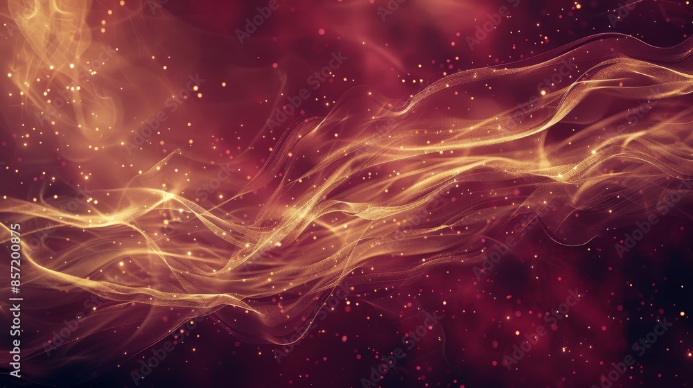 Rich maroon and gold tones with glowing particles and flowing lines creating a mystical atmosphere. background