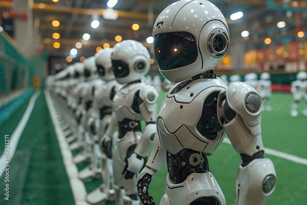 Fototapeta premium A group of child-sized robots playing soccer in a high-tech indoor stadium, with advanced AI controlling their movements.