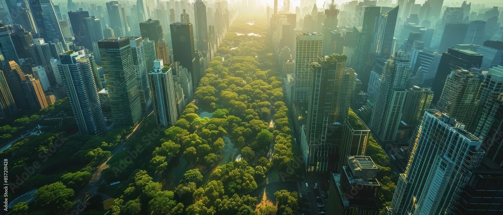 Obraz premium A high-angle view of a modern city with skyscrapers and parks