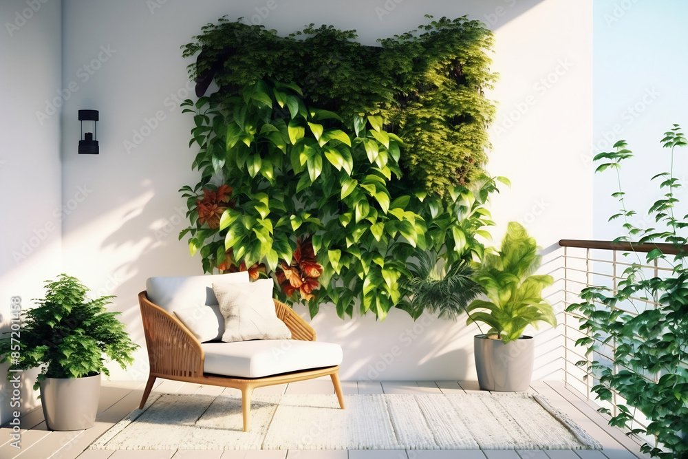 Loft-style outdoor living area. There are white furniture and green plants fence Loft-style outdoor living area. There are white furniture and green plants fence