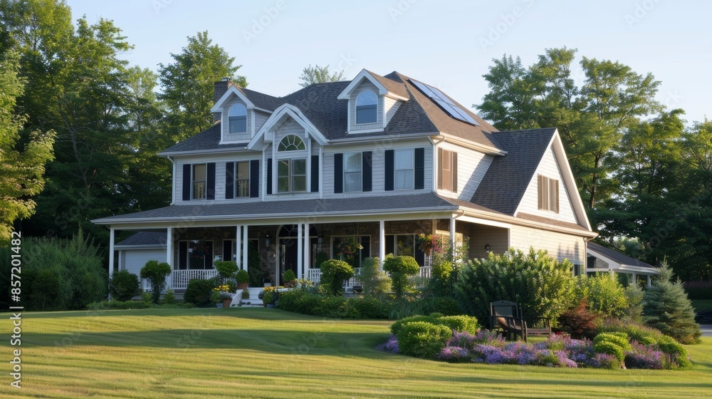 A traditionalstyle home in the countryside utilizing solar power to provide energy and reduce the homeowners carbon footprint. A traditionalstyle home in the countryside utilizing solar power to provide energy and reduce the homeowners carbon footprint.
