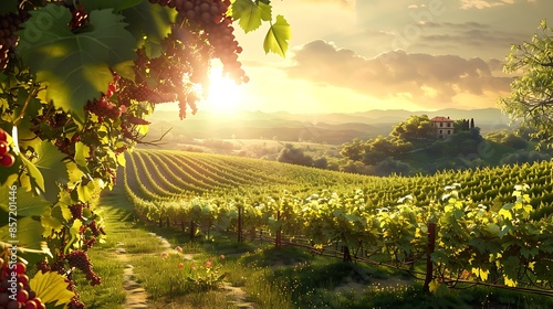 ranquil Vineyard Landscape with Lush Green Grapevines and Rolling Hills Under a Clear Blue Sky” photo