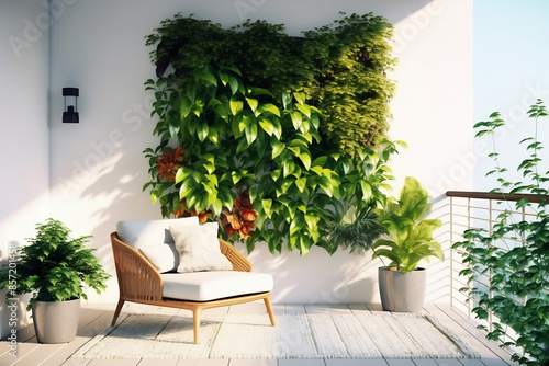 Loft-style outdoor living area. There are white furniture and green plants fence © Canvas Alchemy