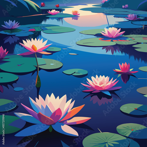 Water Lilies in the Pond vector illustration, summer landscape with water lilies on the lake surface. 