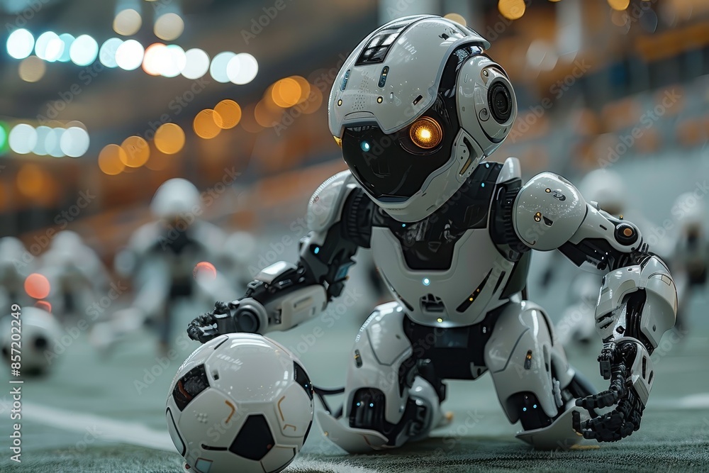 A group of child-sized robots playing soccer in a high-tech indoor stadium, with advanced AI controlling their movements. A group of child-sized robots playing soccer in a high-tech indoor stadium, with advanced AI controlling their movements.