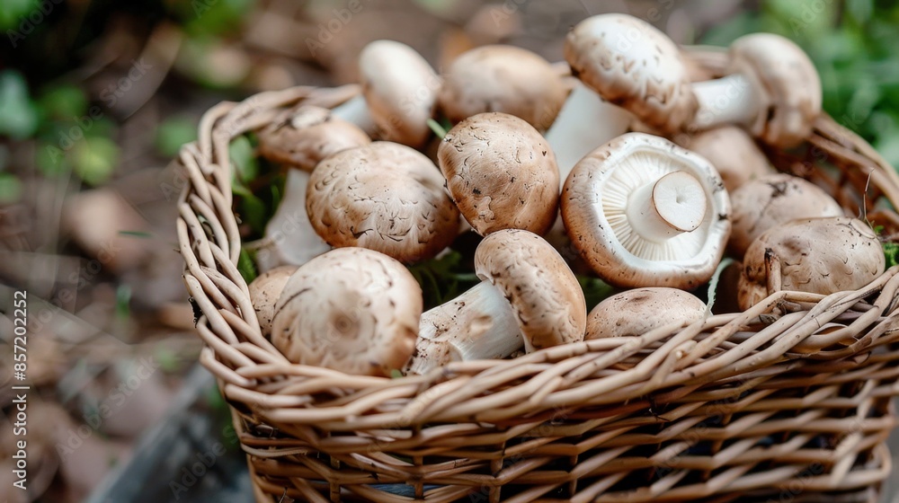 fresh mushrooms in a wicker basket placed on the forest floor. Perfect for culinary, fresh mushrooms in a wicker basket placed on the forest floor. Perfect for culinary,