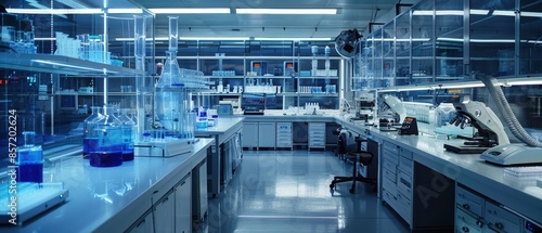 A high-tech medical research facility with advanced lab equipment