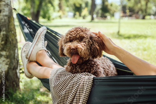 Woman relaxing in hammock petting dog fluffy brown Maltipoo dog on sunny day. Both looking content and happy. This serene outdoor scene captures joy of bonding with pets and enjoying nature together.