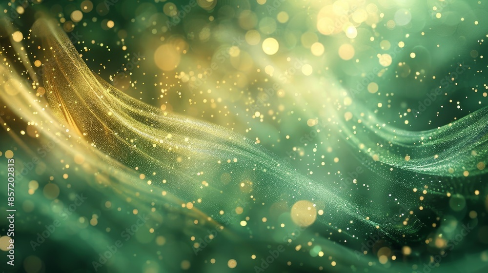 Deep green gold and white layers flowing textures sparkling dots St. Patrick's hints. background Deep green gold and white layers flowing textures sparkling dots St. Patrick's hints. background