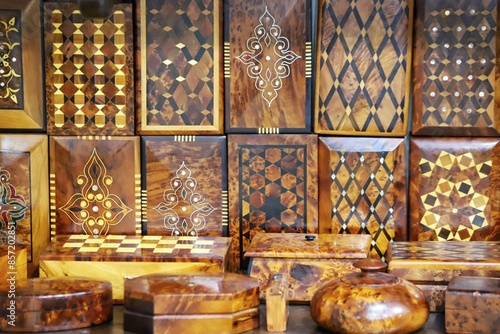 Decorative Moroccan wooden boxes decorated with camel bone, brass, souvenirs.