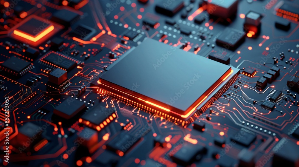 3D rendering of AI technology with a central processing unit (CPU) chipset on a printed circuit board, focusing on electronic and technology concepts with shallow depth of field. 3D rendering of AI technology with a central processing unit (CPU) chipset on a printed circuit board, focusing on electronic and technology concepts with shallow depth of field.