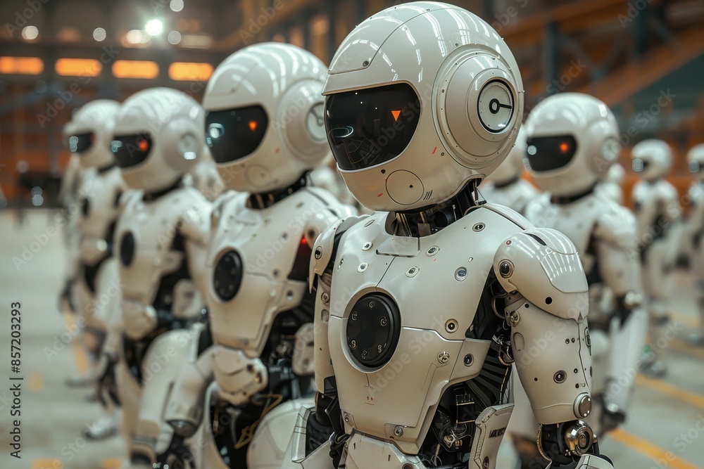 Fototapeta premium A group of child-sized robots playing soccer in a high-tech indoor stadium, with advanced AI controlling their movements.