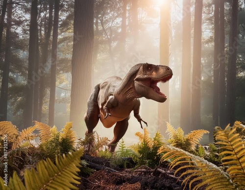 A Tyrannosaurus Rex running through a prehistoric forest with large trees, ferns photo