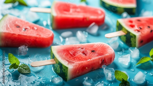 Watermelon popsicles on a blue background, summer background concept, mint and ice.