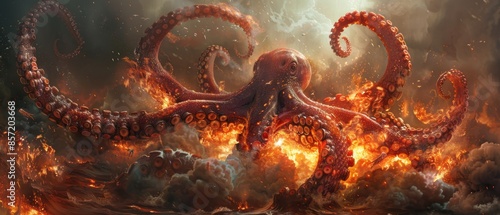 A kraken with tentacles spread wide amidst fiery explosions, symbolizing deepsea power and fury photo