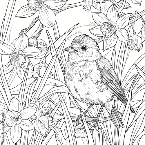 Seamless pattern with bird for colouring the book pages, a sparrow art illustration bird sitting on a field of flower plant or garden © Gfxbyus