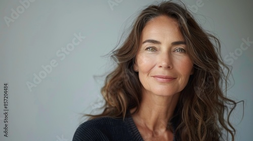 portrait of a beautiful Caucasian woman with dark long hair, 50 -59 years older, well-groomed facial skin, studio portrait white background. copyspace