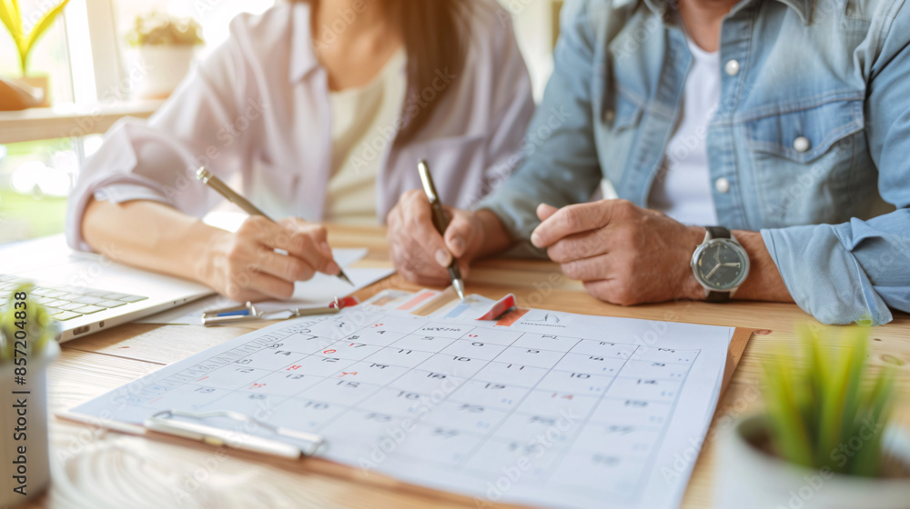 Thoughtful Couple Planning Retirement Together with Calendar and Notes on Table Thoughtful Couple Planning Retirement Together with Calendar and Notes on Table
