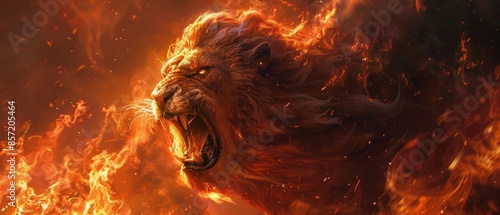 A manticore with a backdrop of blazing fire, representing mythical power and aggression photo