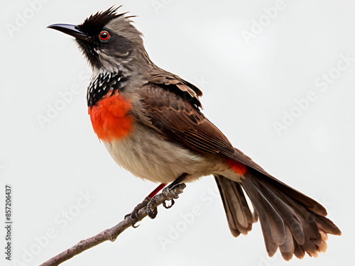 Take a series of high-resolution photographs of the Red-vented Bulbul (Pycnonotus cafer) with a plain white background. Try to capture various poses and behaviors, such as perching, feeding, and singi photo