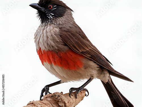 Take a series of high-resolution photographs of the Red-vented Bulbul (Pycnonotus cafer) with a plain white background. Try to capture various poses and behaviors, such as perching, feeding, and singi photo