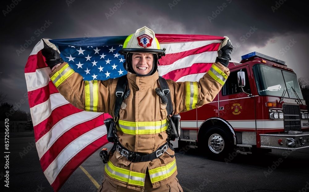 A firefighter in full gear, smiling and holding an American flag, with a fire truck in the background, labor day A firefighter in full gear, smiling and holding an American flag, with a fire truck in the background, labor day