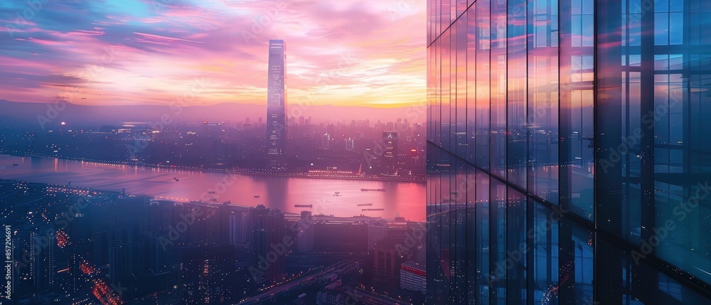 A modern skyscraper reflecting the city skyline at dusk, photographed in A modern skyscraper reflecting the city skyline at dusk, photographed in