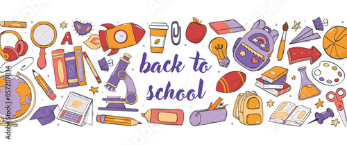 Back to school horizontal banner decorated with lettering quote and doodles on white background. Good for posters, prints, social media decor, flyers, etc. EPS 10
