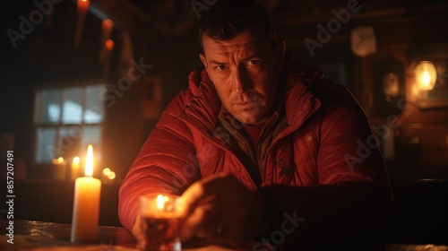 Man sitting by candlelight in a rustic cabin at night