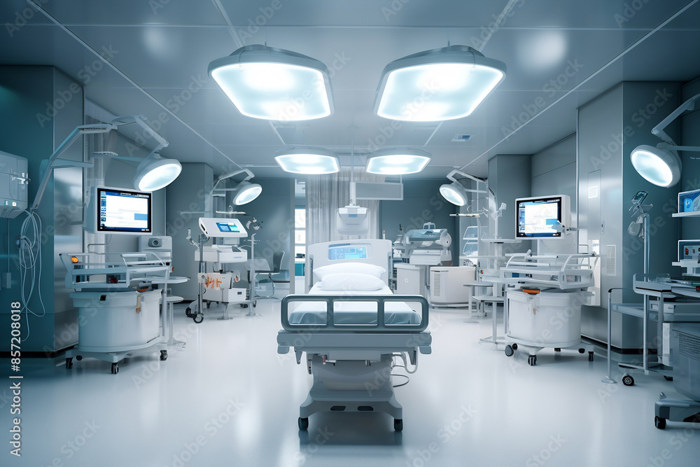 Hospital intensive care ward with empty beds. Modern clinic with advanced equipment. Best medical healthy treatment center Hospital intensive care ward with empty beds. Modern clinic with advanced equipment. Best medical healthy treatment center