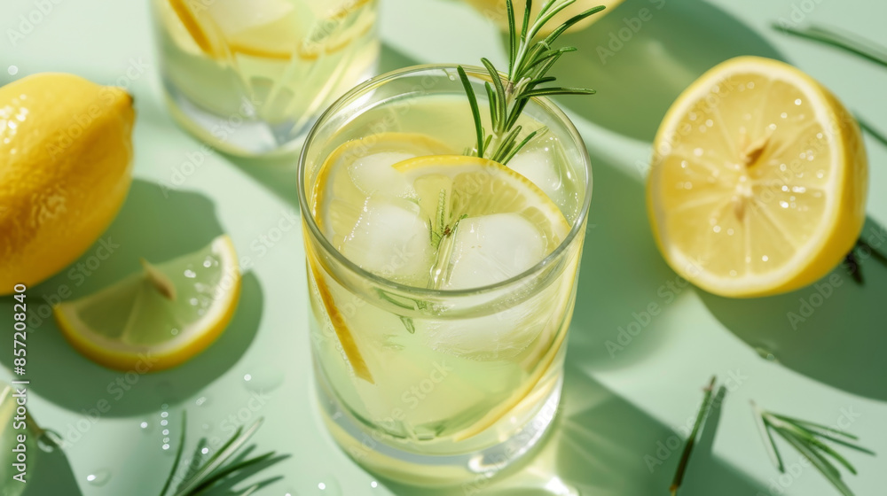 Refreshing summer lemonade or alcoholic cocktail with ice, rosemary, and lemon slices on a pastel light green surface. Fresh, healthy cold lemon beverage. Lemon-infused water Refreshing summer lemonade or alcoholic cocktail with ice, rosemary, and lemon slices on a pastel light green surface. Fresh, healthy cold lemon beverage. Lemon-infused water