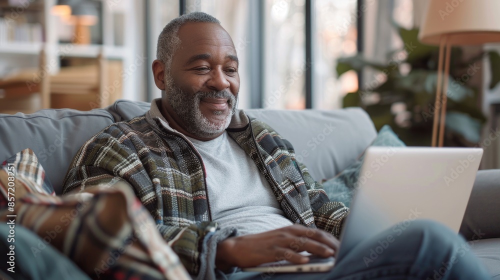 A person sitting on a couch using a laptop, suitable for use in home office or workspace scenes A person sitting on a couch using a laptop, suitable for use in home office or workspace scenes