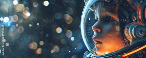 Young astronaut dons a space helmet as they venture into the cosmos photo
