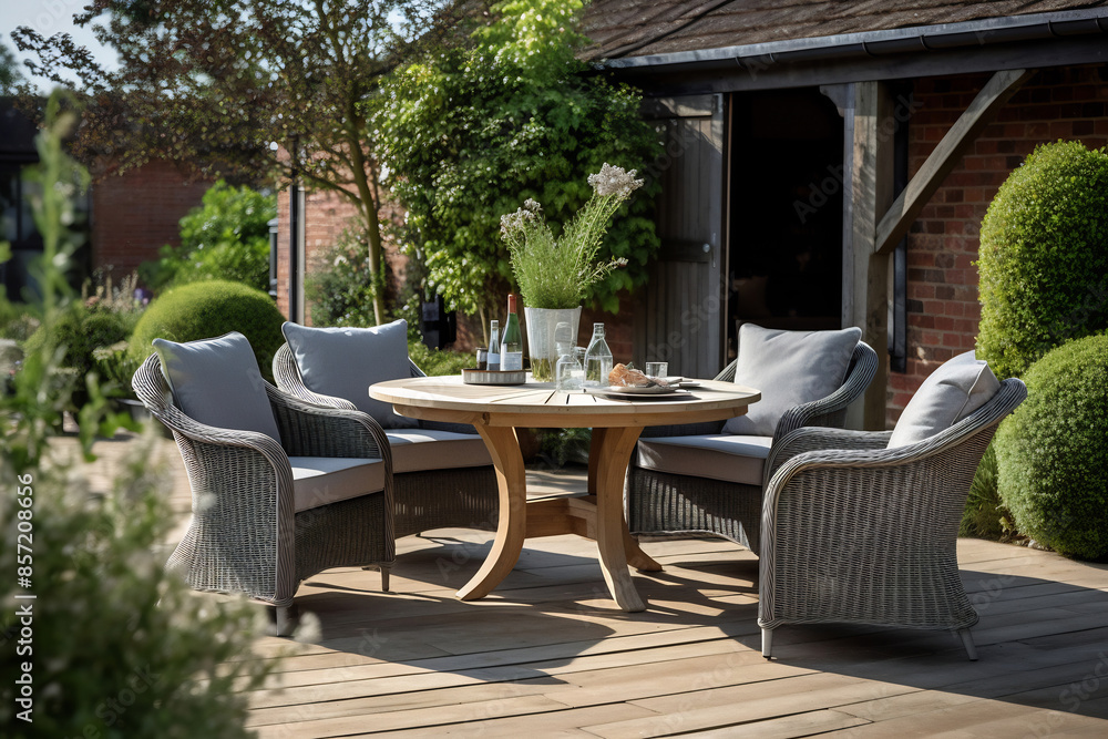 Fototapeta premium Elegant cozy garden furniture on terrace of suburban home