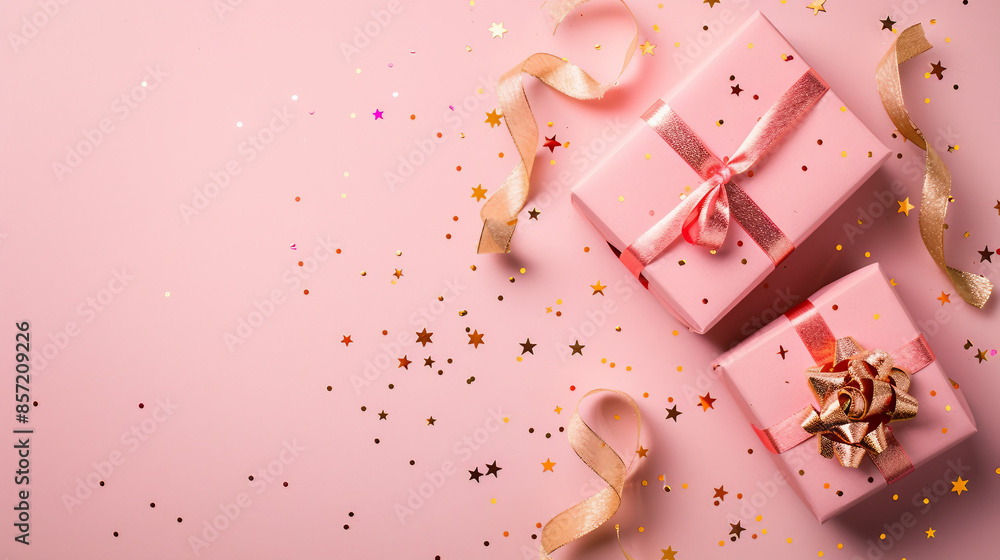 Two elegant gift boxes with ribbon and bow on pink background adorned with gold stars. Perfect for celebrating birthdays, anniversaries, Christmas, and Valentine's Day. Two elegant gift boxes with ribbon and bow on pink background adorned with gold stars. Perfect for celebrating birthdays, anniversaries, Christmas, and Valentine's Day.