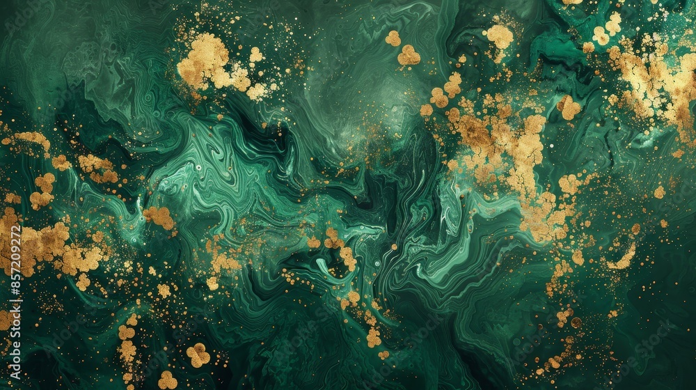 Fototapeta premium Abstract forest green and gold background fluid art textures diffused lights clover hints. background