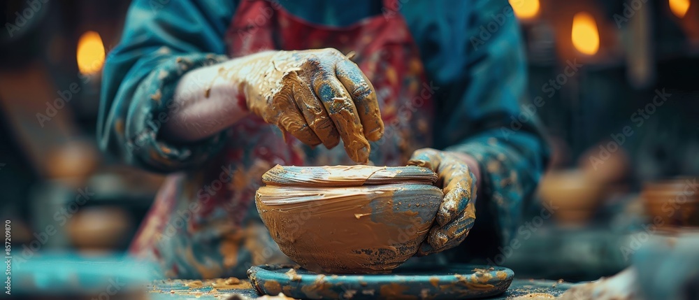 Obraz premium A potter glazing a finished piece of pottery