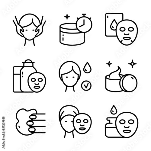 Skin care icons set vector illustration. Face, beauty, health, woman, healthy, mask, cleansing concept. Aesthetic cosmetology line icons, vector pictogram of shiny skin, anti age skin care.